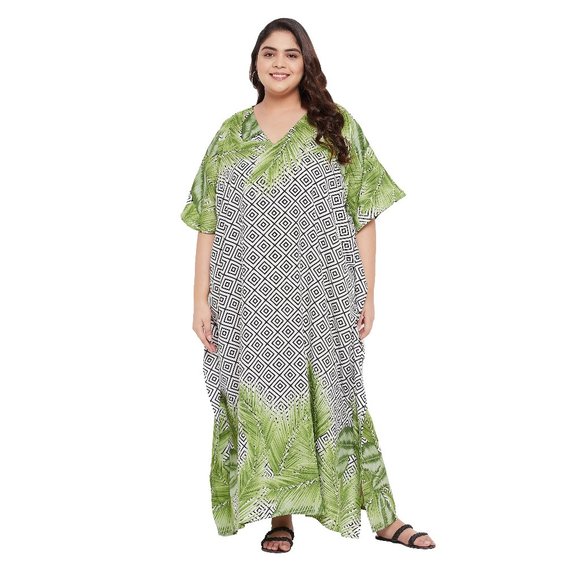 Gypsie Blu Leaf & Geometric Printed Plus Size Kaftan Dress Stylish Maxi Dresses - Picture 8 of 8